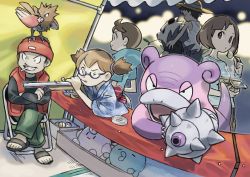 Rule 34 | 2girls, 3boys, aiming, alternate costume, beanie, black shirt, bob cut, brown hair, bug catcher (pokemon), clefairy, closed mouth, creatures (company), donnpati, facial hair, fisher (pokemon), galarian slowbro, game freak, gen 1 pokemon, gen 3 pokemon, gen 6 pokemon, glasses, green pants, gulpin, hair tie, hat, highres, holding, hood, hoodie, mouth hold, multiple boys, multiple girls, nintendo, npc trainer, official style, on head, one eye closed, open clothes, open vest, pangoro, pants, poke ball, pokemon, pokemon (creature), pokemon bw, pokemon gsc, pokemon on head, pokemon rgby, pokemon xy, red headwear, red vest, sandals, school kid (pokemon), shirt, short hair, smile, spearow, steam, tank top, teeth, toes, tongue, tongue out, tray, vest, white tank top, youngster (pokemon)