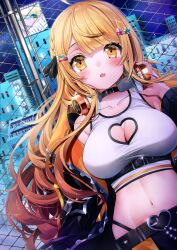 Rule 34 | 1girl, absurdres, ahoge, bare shoulders, belt, black choker, black jacket, blonde hair, breasts, chain-link fence, choker, cleavage, cleavage cutout, clothing cutout, crop top, dutch angle, fang, fence, hand up, headphones, headphones around neck, heart cutout, highleg, highres, hololive, jacket, large breasts, long hair, long sleeves, looking at viewer, makinan, midriff, navel, off shoulder, open clothes, open jacket, open mouth, panty straps, shirt, sleeveless, sleeveless shirt, solo, stomach, tank top, upper body, very long hair, virtual youtuber, white shirt, yellow eyes, yozora mel, yozora mel (streetwear)