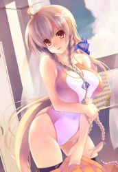 Rule 34 | 1girl, ahoge, bad id, bad pixiv id, between breasts, black thighhighs, blonde hair, blush, braid, breast hold, breasts, brown eyes, brown hair, competition swimsuit, covered navel, culture japan, hair ornament, hair ribbon, highres, huge breasts, long hair, looking at viewer, looking back, macho edamatsu, one-piece swimsuit, ribbon, skirt, smile, solo, suenaga mirai, sunlight, swimsuit, thighhighs, twin braids, very long hair