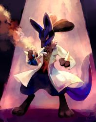 Rule 34 | bottomless, clothed pokemon, creature, creatures (company), erlenmeyer flask, evil, flask, full body, furry, game freak, gen 4 pokemon, glitchedpuppet, holding, lab coat, light, lucario, nintendo, pokemon, pokemon (creature), red eyes, scientist, signature, solo, standing, steam