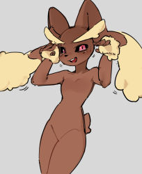 Rule 34 | 1girl, :3, absurdres, animal nose, armpits, arms up, azuuart, black sclera, blush, body fur, brown fur, buck teeth, caramelldansen, collarbone, colored sclera, completely nude, creatures (company), dancing, female focus, flat chest, furry, furry female, game freak, gen 4 pokemon, grey background, groin, happy, highres, legs together, light blush, looking at viewer, lopunny, motion lines, nervous, nintendo, nude, open mouth, pink eyes, pokemon, pokemon (creature), rabbit ears, rabbit girl, rabbit tail, simple background, sketch, smile, solo, stomach, sweat, teeth, thighs, two-tone fur, yellow fur