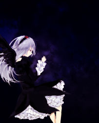 Rule 34 | 00s, 1girl, black dress, black wings, blush, dark, dress, closed eyes, frilled sleeves, frills, from side, long sleeves, profile, rozen maiden, silver hair, solo, standing, suigintou, wings, yoshioka mitsuko