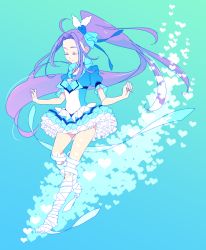 Rule 34 | 10s, 1girl, 7melon, bad id, bad pixiv id, blue background, blue skirt, choker, closed eyes, cure beat, frills, hair ornament, heart, henshin, jewelry, kurokawa eren, long hair, magical girl, precure, purple hair, ribbon, seiren (suite precure), short sleeves, side ponytail, simple background, skirt, smile, solo, suite precure, transformation, very long hair