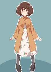Rule 34 | 10s, 1girl, absurdres, akiyama yukari, black footwear, black pantyhose, brown eyes, brown hair, casual, cbgb, closed mouth, coat, commentary, dress, floral print, full body, girls und panzer, green background, highres, long dress, long sleeves, looking at viewer, messy hair, ooarai school uniform, outline, pantyhose, print dress, school uniform, shoes, short hair, simple background, smile, solo, standing, white dress, yellow coat