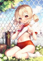 Rule 34 | 1girl, ahoge, bad id, bad twitter id, bag, black bra, blonde hair, blush, bottle, bra, bra peek, buruma, chain-link fence, character name, clothes lift, elf, fence, full body, genshin impact, hands up, highres, holding, juice box, klee (genshin impact), kneehighs, kuri (animejpholic), lifted by self, looking at viewer, midriff, navel, no shoes, parted lips, pointy ears, red buruma, red eyes, shirt lift, short sleeves, short twintails, sitting, smile, socks, solo, twintails, underwear, wariza, white socks