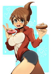 Rule 34 | 10s, 1girl, asahina aoi, ass, blue eyes, blush, breasts, brown hair, cleavage, danganronpa: trigger happy havoc, danganronpa (series), dark skin, dark-skinned female, doughnut, covered erect nipples, female focus, food, hair ornament, hairclip, hodo hodo, large breasts, ponytail, shorts, solo, track suit