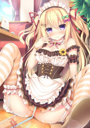 Rule 34 | 1girl, apron, arm garter, blonde hair, blush, bow, breasts, cleavage, corset, cup, curtains, detached collar, drinking glass, drinking straw, flower, garter straps, hair bow, hair ornament, hair ribbon, hairclip, headdress, highres, indoors, juice, long hair, looking at viewer, maid headdress, medium breasts, moe2016, original, plant, potted plant, purple eyes, restaurant, ribbon, skindentation, solo, spill, spread legs, striped clothes, striped thighhighs, sunflower, taiki ken, tears, thighhighs, twintails, two side up, waist apron, waitress, window