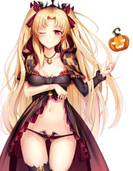 Rule 34 | 1girl, blonde hair, blush, breasts, cape, cleavage, collarbone, commentary request, earrings, ereshkigal (fate), fate/grand order, fate (series), hair ribbon, jack-o&#039;-lantern, jewelry, long hair, long sleeves, looking at viewer, medium breasts, navel, necklace, parted bangs, pumpkin, red eyes, revision, ribbon, skull, smile, solo, tiara, two side up, yan (nicknikg)