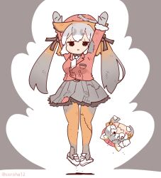 Rule 34 | 1girl, animal ears, arms up, brown hair, coroha, extra ears, fox ears, fox girl, full body, gloves, grey background, grey hair, hat, island fox (kemono friends), jacket, jumping, kanihai, kemono friends, kemono friends v project, long hair, looking at viewer, necktie, pantyhose, ribbon, shirt, shoes, simple background, skirt, twintails, virtual youtuber