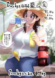 Rule 34 | 1girl, belly, bench, between breasts, blue pants, blush, bottle, breasts, brown eyes, brown hair, cleavage, coca-cola, collarbone, collared shirt, day, denim, drinking, fan, fat, feet out of frame, food, fukuhara takaya, hat, highres, holding, holding bottle, jeans, large breasts, light rays, long hair, matching hair/eyes, measurements, original, outdoors, pants, parted bangs, partially unbuttoned, shirt, sidelocks, sitting, solo, speech bubble, straw hat, sun hat, sunlight, sweat, t-shirt, translation request, water bottle, wet, wet clothes, wet shirt
