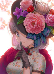 Rule 34 | 1girl, black gloves, blue eyes, breasts, bright pupils, cherry blossoms, china, china dress, chinese clothes, closed mouth, dress, finger to mouth, floral print, flower, gloves, grey hair, hat, hat flower, highres, kws, love live!, love live! superstar!!, medium breasts, medium hair, shanghai, short sleeves, shushing, sideways glance, signature, smile, solo, tang keke, upper body