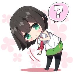 Rule 34 | 1girl, ?, absurdres, bare arms, bare shoulders, black hair, black thighhighs, blush, breasts, chibi, closed mouth, collared shirt, colored shadow, commentary request, dress, dress shirt, floral background, full body, green eyes, green skirt, hair between eyes, highres, kyoumachi seika, large breasts, leaning to the side, looking at viewer, medium breasts, milkpanda, necktie, no shoes, red necktie, shadow, shirt, short eyebrows, simple background, skirt, sleeveless, sleeveless dress, smile, solo, spoken question mark, standing, thick eyebrows, thighhighs, voiceroid, white background, white shirt