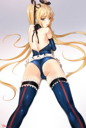 Rule 34 | 1girl, absurdres, artist name, ass, back, backboob, bare shoulders, black gloves, black ribbon, blonde hair, blue eyes, blue gloves, blue one-piece swimsuit, blue thighhighs, blush, bow, bowtie, breast hug, breasts, bridal garter, cameltoe, closed mouth, dead or alive, dead or alive 5, detached collar, elbow gloves, frills, full body, gloves, gradient background, hair ornament, hair ribbon, half-closed eyes, highres, lace, lace-trimmed legwear, lace trim, leotard, long hair, looking at viewer, looking back, lying, marie rose, medium breasts, o-ring, on stomach, one-piece swimsuit, open mouth, parted lips, red bow, red bowtie, ribbon, shiny clothes, shiny skin, signature, simple background, smile, solo, swimsuit, thighhighs, twintails, very long hair, x hair ornament, yd (orange maru)