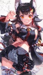 Rule 34 | 1girl, animal ear fluff, animal ears, anywhere knock, arm up, black hair, black shirt, black skirt, choker, claw pose, commentary request, cowboy shot, crop top, detached sleeves, grin, hair ornament, hairclip, highres, hololive, kouhaku nawa, long hair, long sleeves, looking at viewer, midriff, multicolored hair, navel, necktie, ookami mio, ookami mio (1st costume), orange eyes, pleated skirt, red choker, red hair, red necktie, rope, sailor collar, school uniform, serafuku, shimenawa, shirt, simple background, skirt, smile, solo, standing, streaked hair, tail, tail around own leg, tail wrap, thighhighs, twitter username, v-shaped eyebrows, virtual youtuber, white background, white sailor collar, white thighhighs, wolf ears, wolf girl, wolf tail