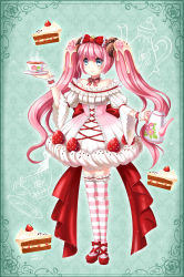 Rule 34 | 1girl, bare shoulders, blue eyes, bow, cake, choker, collarbone, cup, darkblue1112, doughnut hair ornament, dress, food, food-themed hair ornament, food-themed ornament, frills, fruit, full body, green background, hair bow, hair ornament, highres, icing, long hair, looking away, original, personification, pink hair, plate, pocketland, red bow, red footwear, shoes, smile, solo, standing, strapless, strapless dress, strawberry, strawberry hair ornament, striped bow, striped clothes, striped thighhighs, tea, teacup, teapot, thighhighs, twintails, wrist cuffs