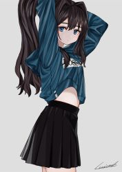 Rule 34 | 1girl, arms up, black skirt, blue eyes, blue shirt, blush, brown hair, bunching hair, closed mouth, clothes lift, clothes writing, cowboy shot, elisia valfelto, from side, hair intakes, high ponytail, highres, holding, holding hair, long hair, long sleeves, looking at viewer, looking to the side, luicent, midriff, miniskirt, original, pleated skirt, shirt, shirt lift, signature, simple background, skirt, solo, white background