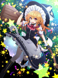 Rule 34 | 1girl, apron, ascot, black gloves, blonde hair, boots, bow, braid, broom, brown eyes, fang, gloves, hat, hat bow, highres, kirisame marisa, open mouth, puffy short sleeves, puffy sleeves, rihito (usazukin), shirt, short sleeves, single braid, skirt, skirt set, smile, solo, star-shaped pupils, star (symbol), symbol-shaped pupils, touhou, upskirt, vest, waist apron, witch hat