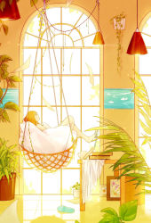 Rule 34 | 1girl, bad id, bad pixiv id, bare legs, framed, hammock, harusame sigu8, highres, indoors, long hair, looking outside, looking to the side, orange hair, original, painting (object), paper, picture frame, plant, potted plant, reflection, sandals, solo