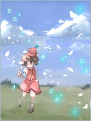 Rule 34 | 1girl, brown eyes, brown hair, cloud, day, female focus, hat, inuinui, lyrica prismriver, meadow, music, musical note, nature, outdoors, petals, shoes, short hair, skirt, sky, socks, solo, touhou
