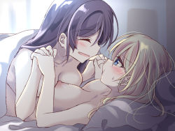 Rule 34 | 10s, 2girls, ^ ^, ayase eli, blonde hair, blue eyes, blush, breasts, closed eyes, collarbone, completely nude, girl on top, hair down, holding hands, love live!, love live! school idol project, lying, medium breasts, mogu (au1127), multiple girls, nipples, nude, on back, pillow, pout, purple eyes, sweatdrop, tojo nozomi, under covers, yuri