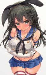 Rule 34 | 1girl, animal ears, black bra, black eyes, black hair, black neckerchief, black panties, blue sailor collar, blue skirt, blush, bra, breasts, closed mouth, commentary request, cosplay, cropped shirt, detached sleeves, elbow gloves, fake animal ears, gloves, hair ornament, hairclip, highres, kantai collection, large breasts, long hair, navel, neckerchief, nijimoto hirok, oyashio (kancolle), panties, pleated skirt, rabbit ears, sailor collar, school uniform, serafuku, shimakaze (kancolle), shimakaze (kancolle) (cosplay), shirt, simple background, skirt, solo, striped clothes, striped thighhighs, sweatdrop, thighhighs, underwear, uniform, wet, wet clothes, wet shirt, white background, white gloves, white shirt