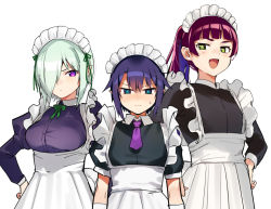 Rule 34 | 2girls, 3girls, :&lt;, alternate costume, blue eyes, blue hair, blush, breasts, closed mouth, druj (jahy), elbow gloves, enmaided, flat chest, gloves, green hair, hair over one eye, hands on own hips, jahy-sama wa kujikenai!, jinguu kyouko, konbu wakame, large breasts, long hair, long sleeves, looking at viewer, maid, maid headdress, mole, mole under eye, multiple girls, necktie, open mouth, pointy ears, ponytail, puffy long sleeves, puffy short sleeves, puffy sleeves, purple eyes, purple necktie, red hair, saurva, short hair, short sleeves, smile, twitter username, white gloves, yellow eyes