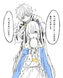 Rule 34 | 1boy, 1girl, anastasia (fate), blue bow, blue cloak, blue eyes, blush, bow, cloak, dress, fate/grand order, fate (series), fur-trimmed jacket, fur trim, hair between eyes, hair bow, hair over one eye, hairdressing, hand mirror, highres, holding, holding mirror, jacket, kadoc zemlupus, long hair, mirror, off shoulder, open clothes, open jacket, parted lips, partially colored, shirt, sitting, sofra, traditional media, translation request, two side up, very long hair, yellow bow, yellow eyes