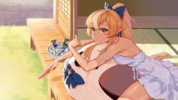 Rule 34 | 1girl, absurdres, bare shoulders, blonde hair, bow, bowl, ckhd, dark-skinned female, dark skin, dress, elf, elfriend (shiranui flare), food, food in mouth, grass, hair bow, highres, hololive, ice, pointy ears, ponytail, popsicle, red eyes, shiranui flare, sitting, solo, strap slip, stuffed animal, stuffed toy, sundress, virtual youtuber, wariza, watermelon bar