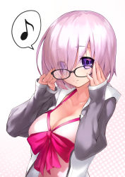 Rule 34 | 1girl, adjusting eyewear, bad id, bad pixiv id, bikini, bikini top only, black-framed eyewear, breasts, collarbone, eyes visible through hair, fate/grand order, fate (series), glasses, hair over one eye, halftone, halterneck, highres, hyp, jacket, large breasts, long sleeves, looking at viewer, mash kyrielight, mash kyrielight (swimsuit of perpetual summer), musical note, official alternate costume, one-piece swimsuit, open clothes, open jacket, pink hair, pink ribbon, purple eyes, quaver, ribbon, short hair, smile, solo, speech bubble, spoken musical note, swimsuit, white one-piece swimsuit, zipper