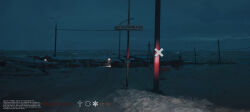 Rule 34 | absurdres, cross, cyrillic, english text, euroroyan, fence, field, flashlight, highres, house, lamppost, light, mountainous horizon, night, no humans, original, out of frame, outdoors, overcast, power lines, road, scenery, shed, sign, sky, snow, town, utility pole, x