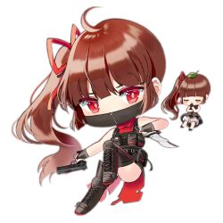 Rule 34 | ahoge, artist request, black dress, black footwear, black gloves, black mask, black vest, blush, blush stickers, boots, brown hair, chibi, closed eyes, combo fairy (girls&#039; frontline), dress, fairy (girls&#039; frontline), fingerless gloves, full body, girls&#039; frontline, gloves, gun, hair ribbon, handgun, holding, holding gun, holding knife, holding weapon, knee pads, knife, leaf, leaf on head, long hair, looking at viewer, mask, mouth mask, multiple girls, ninja, official art, one side up, own hands together, pouch, red eyes, red ribbon, red scarf, ribbon, scarf, simple background, thigh boots, third-party source, torn clothes, torn scarf, transparent background, very long hair, vest, weapon, weapon request
