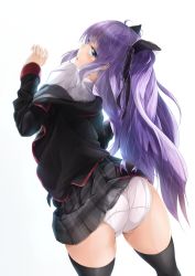 Rule 34 | 1girl, ass, black thighhighs, blazer, blue eyes, blush, clothes lift, from behind, hair ornament, highres, jacket, lips, little busters!, long hair, looking at viewer, looking back, off shoulder, panties, plaid, plaid skirt, pleated skirt, purple hair, sasasegawa sasami, school uniform, skindentation, skirt, skirt lift, solo, standing, thighhighs, underwear, upskirt, white background, white panties, wingheart
