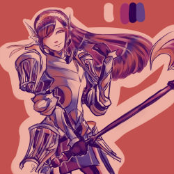 Rule 34 | 1girl, armor, axe, battle axe, black gloves, cherche (fire emblem), color guide, crazy smile, dilaih, fire emblem, fire emblem awakening, gauntlets, gloves, hair blowing, hairband, holding, holding weapon, lace-trimmed hair ornament, lace trim, limited palette, long hair, nintendo, orange background, outline, pauldrons, plate armor, ribbon, shoulder armor, signature, simple background, smile, solo, weapon, white ribbon