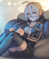 Rule 34 | 1girl, :&lt;, ahoge, artoria pendragon (fate), backlighting, bike shorts, black choker, black thighhighs, blue-framed eyewear, blue jacket, breasts, choker, closed mouth, collarbone, commentary request, controller, covered erect nipples, cushion, double vertical stripe, drawstring, dualshock, empty eyes, expressionless, fate/grand order, fate (series), game controller, gamepad, glasses, jacket, knees up, leaning back, long sleeves, looking at viewer, medium breasts, mysterious heroine x alter (fate), mysterious heroine x alter (second ascension) (fate), name tag, playing games, playstation controller, rotix, semi-rimless eyewear, shirt, short hair, sitting, solo, thighhighs, track jacket, under-rim eyewear, white shirt, yellow eyes