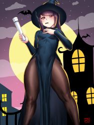 Rule 34 | 1girl, alternate costume, bat (animal), black hat, black pantyhose, black robe, breasts, covered navel, finalcake, full moon, hair down, halloween costume, hat, highres, jill stingray, long hair, long sleeves, moon, pantyhose, purple hair, red eyes, robe, sidelocks, small breasts, solo, standing, va-11 hall-a, witch hat