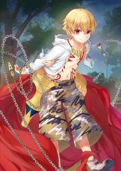 Rule 34 | 1boy, blonde hair, chain, child, child gilgamesh (fate), collarbone, enkidu (weapon) (fate), fate/grand order, fate/hollow ataraxia, fate (series), gilgamesh (fate), jacket, looking at viewer, male focus, navel, official art, open clothes, open jacket, outdoors, red eyes, short hair, solo, tattoo, tenkuu sphere, tree, white jacket