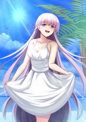 Rule 34 | 1girl, :d, absurdly long hair, alternate costume, bare shoulders, bloom, blue sky, breasts, cleavage, cloud, cloudy sky, commission, dress, fire emblem, fire emblem: the binding blade, horizon, large breasts, light purple hair, long hair, looking at viewer, nintendo, ocean, open mouth, palm tree, purple eyes, shore, skirt hold, sky, sleeveless, sleeveless dress, smile, solo, sophia (fire emblem), standing, sunlight, teeth, tree, very long hair, water, waves, white dress, xanadu avici