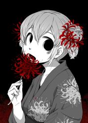 Rule 34 | 1girl, 4shi, bags under eyes, black background, commentary request, dango-chan (4shi), double bun, floral print, flower, greyscale, hair bun, hair flower, hair ornament, hand up, highres, holding, holding flower, hollow eyes, japanese clothes, kimono, looking at viewer, looking to the side, monochrome, obi, open mouth, original, red flower, sash, solo, spider lily, spider lily print, spot color, upper body, yukata