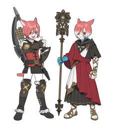 Rule 34 | 2boys, :d, animal ears, arm at side, belt, black footwear, black robe, blue eyes, blue skin, boots, bow (weapon), brown footwear, brown gloves, cat boy, cat ears, cat tail, chinese commentary, collar, colored skin, commentary request, crystal exarch, crystallization, dual persona, final fantasy, final fantasy xiv, fingerless gloves, full body, fur-trimmed footwear, fur trim, g&#039;raha tia, gloves, gradient hair, hair between eyes, hand on own hip, heterochromia, highres, holding, holding staff, hood, hood down, hooded robe, jacket, knee boots, knee pads, legs apart, looking at viewer, low ponytail, male focus, material growth, miqo&#039;te, multicolored hair, multicolored skin, multiple boys, neck tattoo, open mouth, pants, quiver, red eyes, red jacket, robe, sandals, short ponytail, simple background, sleeveless, sleeveless jacket, slit pupils, smile, staff, standing, swept bangs, tail, tattoo, thumbs up, toga, two-tone hair, two-tone skin, vambraces, weapon, weapon on back, white background, white collar, white hair, white pants, wuliu heihuo
