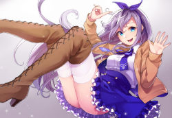 Rule 34 | 1girl, blue eyes, boots, bow, commentary request, floating, hair bow, high-waist skirt, high heel boots, high heels, jacket, long hair, looking at viewer, original, purple hair, retsuna, simple background, skirt, solo, thigh boots, thighhighs, thighhighs under boots, thighs, waving, white thighhighs