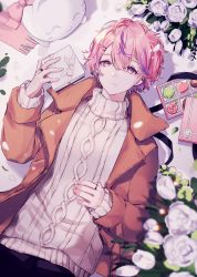 Rule 34 | 1boy, beryl (blueberylpie), chocolate, coat, fingernails, flower, gift, hair between eyes, highres, indie utaite, jewelry, long sleeves, male focus, niconico, nqrse, pink eyes, pink hair, plant, ring, rose, second-party source, short hair, snow, solo, sweater, utaite