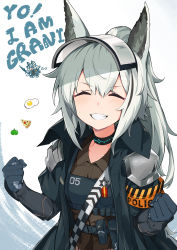 1girl ^_^ absurdres animal_ears apple arknights armor belt black_gloves clenched_hands closed_eyes egg english_text food fruit gloves grani_(arknights) grin highres horse_ears long_hair nemoga pauldrons pizza ponytail shoulder_armor silver_hair simple_background smile solo visor_cap white_background