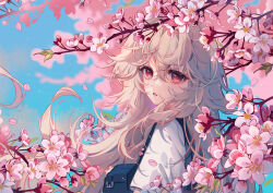Rule 34 | 1girl, absurdres, bag, blue bag, branch, cherry blossoms, commentary, english commentary, flower, from side, grey hair, hair between eyes, highres, long hair, looking at viewer, open mouth, original, pink flower, red eyes, shirt, shoulder bag, solo, touya (touyachann), upper body, white shirt