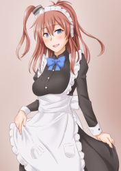 Rule 34 | 1girl, alternate costume, anti (untea9), apron, black shirt, black skirt, blue bow, blue bowtie, blue eyes, bow, bowtie, brown background, brown hair, cowboy shot, enmaided, frilled apron, frills, gradient background, hair between eyes, highres, kantai collection, long hair, long sleeves, looking at viewer, maid, maid apron, maid headdress, open mouth, saratoga (kancolle), shirt, side ponytail, sidelocks, skirt, smile, solo, underbust, white apron