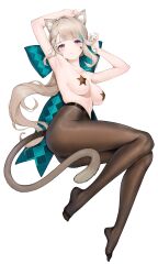 Rule 34 | 1girl, absurdres, animal ear fluff, animal ears, aqua bow, aqua hair, arm behind head, armpits, arms up, asymmetrical bangs, bare arms, bare shoulders, black pantyhose, blush, bow, breasts, cat ears, cat girl, cat tail, closed mouth, facial tattoo, full body, genshin impact, highres, holding, holding own hair, huge bow, janload1ng, light brown hair, light frown, long hair, looking at viewer, lynette (genshin impact), medium breasts, multicolored hair, no panties, no shoes, pantyhose, pasties, playing with own hair, purple eyes, sideboob, simple background, solo, star (symbol), star pasties, star tattoo, streaked hair, tail, tattoo, topless, two-tone hair, white background