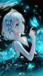 Rule 34 | 1girl, bare arms, black dress, blue butterfly, blue eyes, blue flower, breasts, bug, butterfly, chromatic aberration, cleavage, collarbone, commentary request, dress, dutch angle, flower, flower on face, grey hair, hair between eyes, hand up, highres, insect, lium, medium breasts, original, short hair, sleeveless, sleeveless dress, smile, solo, spaghetti strap, tiara, water drop