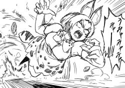 Rule 34 | 10s, 1girl, animal ears, bow, bowtie, breasts, elbow gloves, fingernails, gloves, greyscale, highres, himajin noizu, kemono friends, lunging, medium breasts, monochrome, no pupils, open mouth, serval (kemono friends), serval print, serval tail, sharp fingernails, sharp teeth, short hair, skirt, sleeveless, solo, tail, teeth