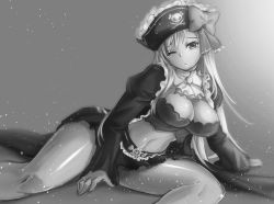 Rule 34 | 1girl, arm support, breasts, captain liliana, crop top, freeze-ex, greyscale, hat, jolly roger, large breasts, long hair, lying, midriff, miniskirt, monochrome, on side, one eye closed, pirate, pirate hat, pouty lips, queen&#039;s blade, sketch, skirt, skull and crossed swords, solo, very long hair
