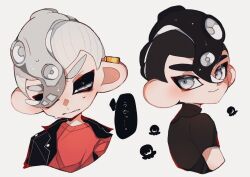 Rule 34 | 2boys, black hair, black shirt, closed mouth, commentary request, cropped torso, grey eyes, looking back, male focus, mohawk, multiple boys, nintendo, octoling, octoling boy, octoling player character, red shirt, shirt, short hair, simple background, smile, splash kuro3, splatoon (series), splatoon 3, sweat, tentacle hair, thick eyebrows, upper body, white background, white hair