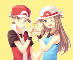 Rule 34 | 1boy, 1girl, ;d, blue shirt, brown eyes, brown hair, brown shirt, closed mouth, commentary request, creatures (company), eyelashes, game freak, hair flaps, hand up, hat, heart, index finger raised, jacket, leaf (pokemon), long hair, nintendo, one eye closed, open mouth, pokemon, pokemon frlg, red (pokemon), red headwear, red jacket, scbstella, shirt, short hair, short sleeves, simple background, sleeveless, sleeveless jacket, sleeveless shirt, smile, t-shirt, tongue, upper body, v, white headwear, wristband, yellow background